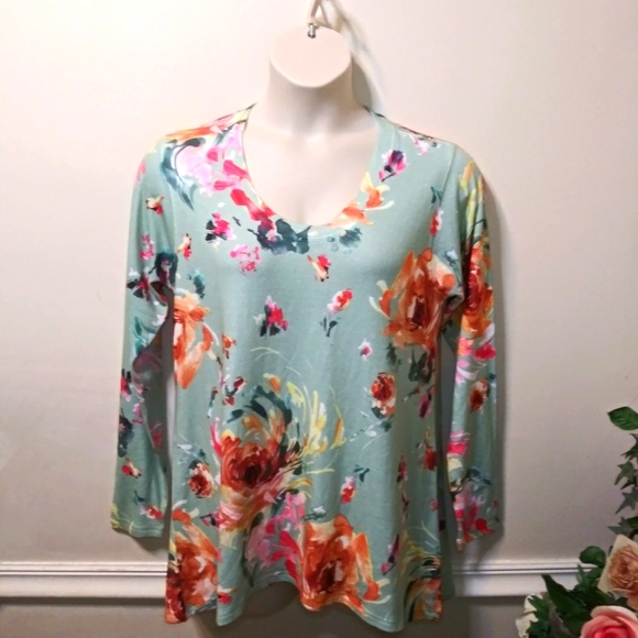 Soft Surroundings Mint Watercolor Rose Design Sweater Knit Delphina Tunic Top - Picture 2 of 6
